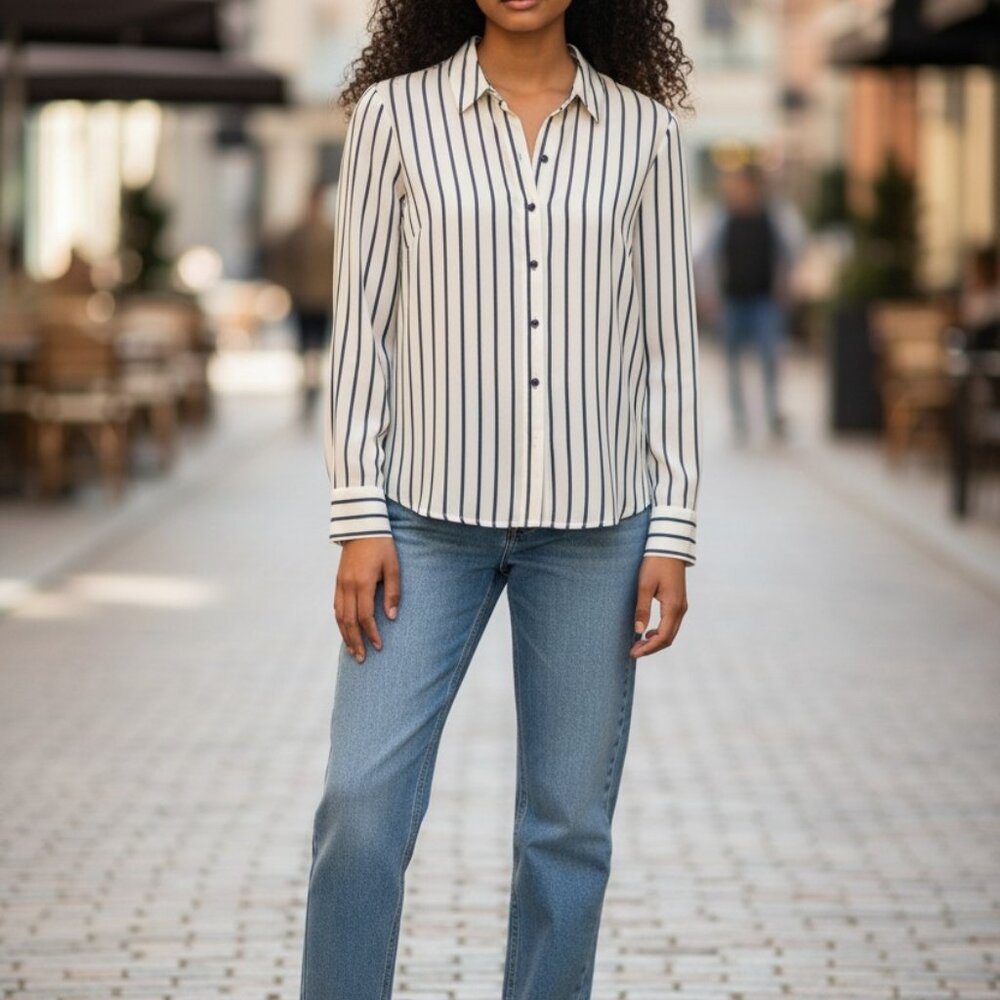 (B-64)Jolt Women’s Striped Button Down Blouse‎ Size L Blue White Long Sleeve Top